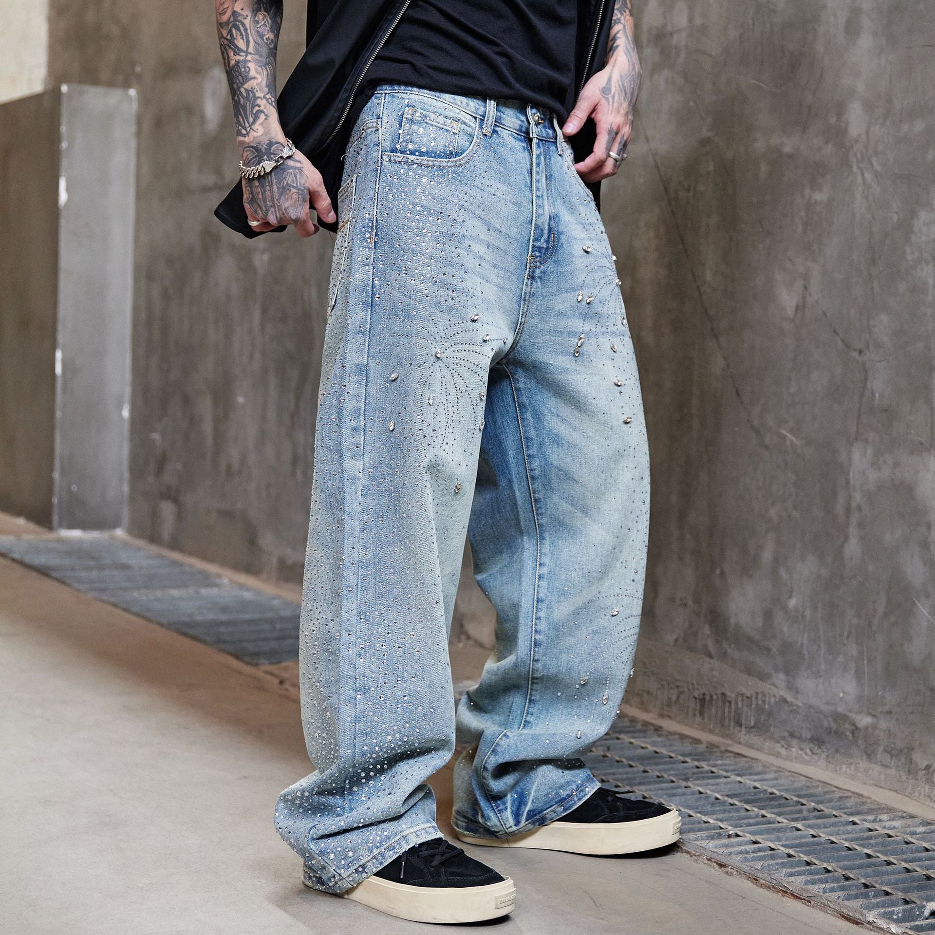 Men's Straight Fit Jeans with Rhinestone Design Men's High Street Washed Straight Full D | Ectron Online