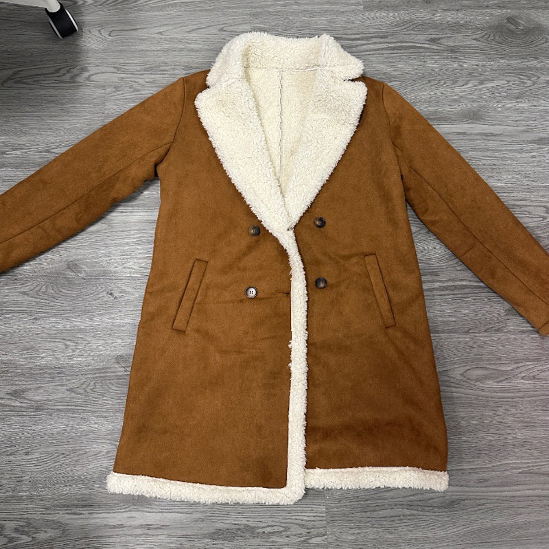 Women's Suede-Look Trench Coat | Classic Double-Breasted Plush Jacket