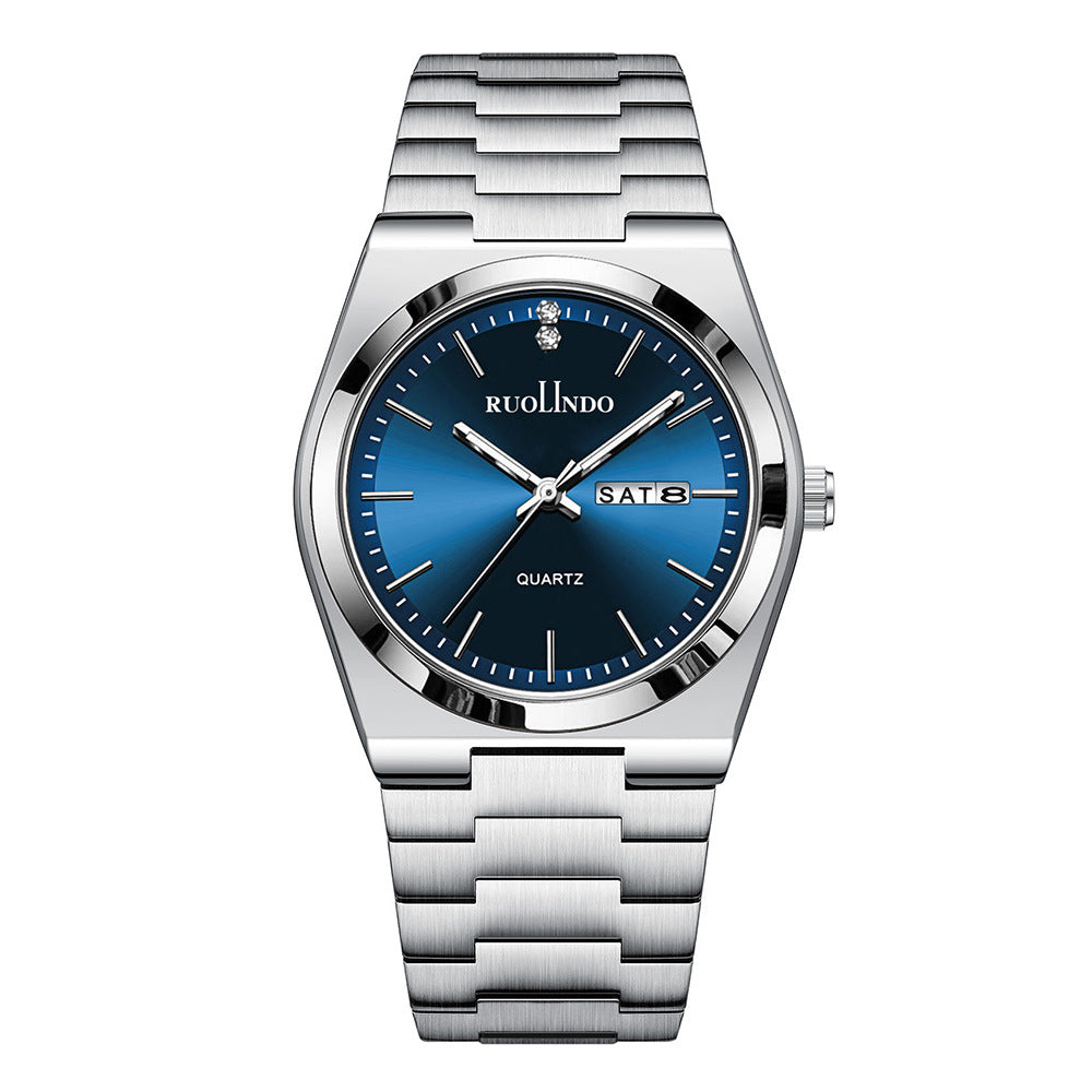 Stainless steel luminous men's wrist watch with blue dial and metal bracelet