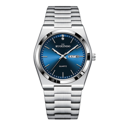 Stainless steel luminous men's wrist watch with blue dial and metal bracelet