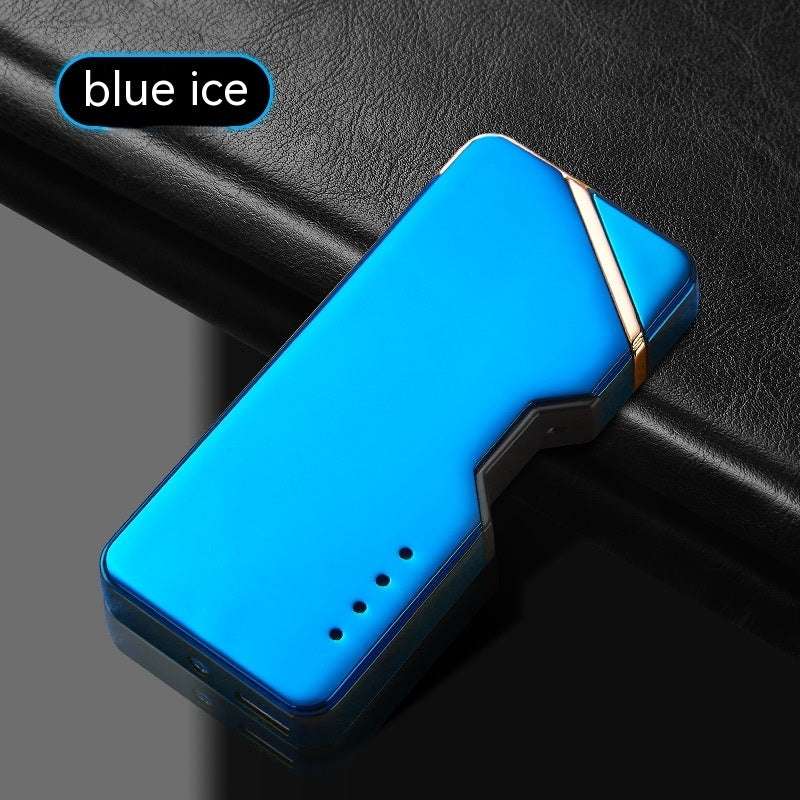 Metal double-arc lighter, Blue ice finish with orange trim and open top