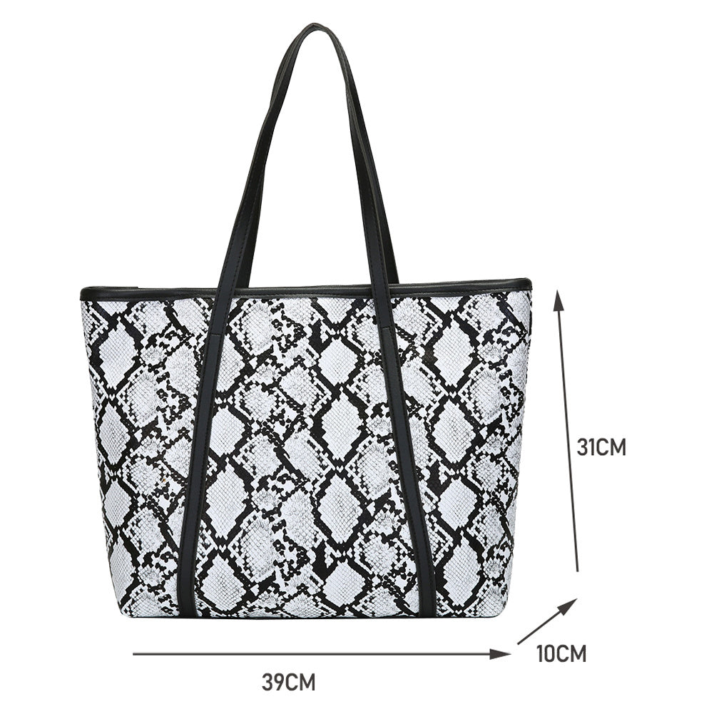 White and black snakeskin leather tote bag with black handles