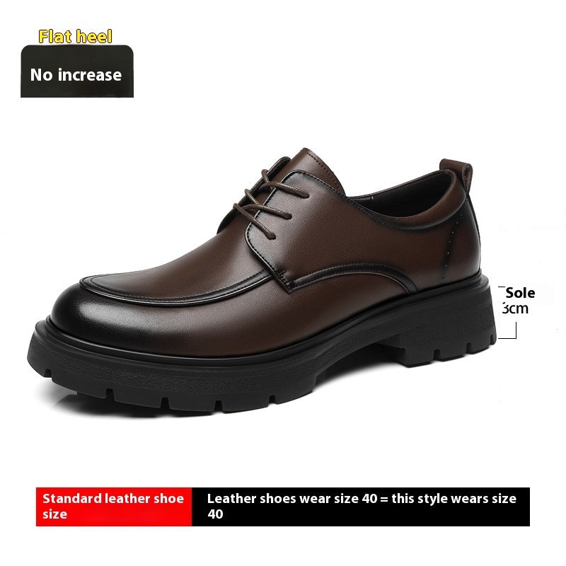 Men's brown leather lace-up dress shoes, flat heel, 3cm sole