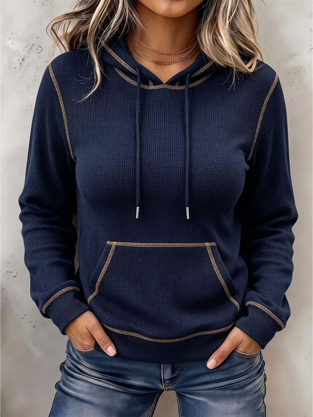 Navy long-sleeve hoodie with drawstring hood and front kangaroo pocket