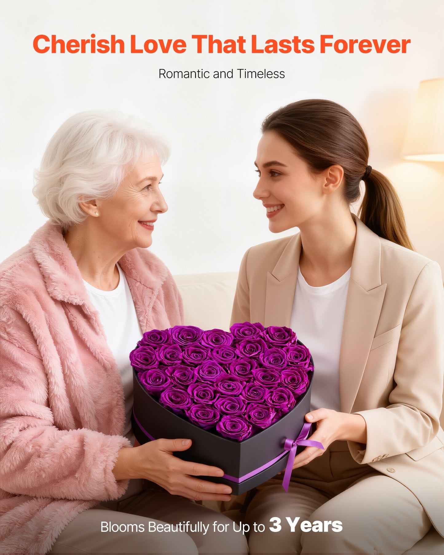 27 Real Preserved Roses in Heart-Shaped Box - Eternal Purple Flower Bouquet Gift for Her