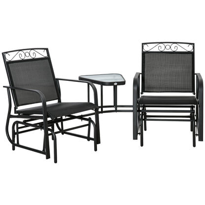 Two black patio glider chairs with round coffee table in between