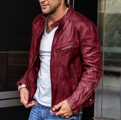 Stand-collar PU leather jacket in deep burgundy, zip front and chest pocket