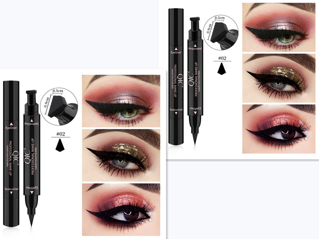 Winged eyeliner stamp pen set with dual tips and examples of dark winged eyeliner