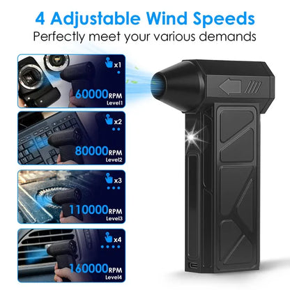 Handheld electric duster/vacuum with adjustable wind speeds shown, black with nozzle