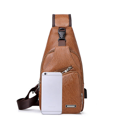 Light brown chest bag with smartphone secured in the front compartment