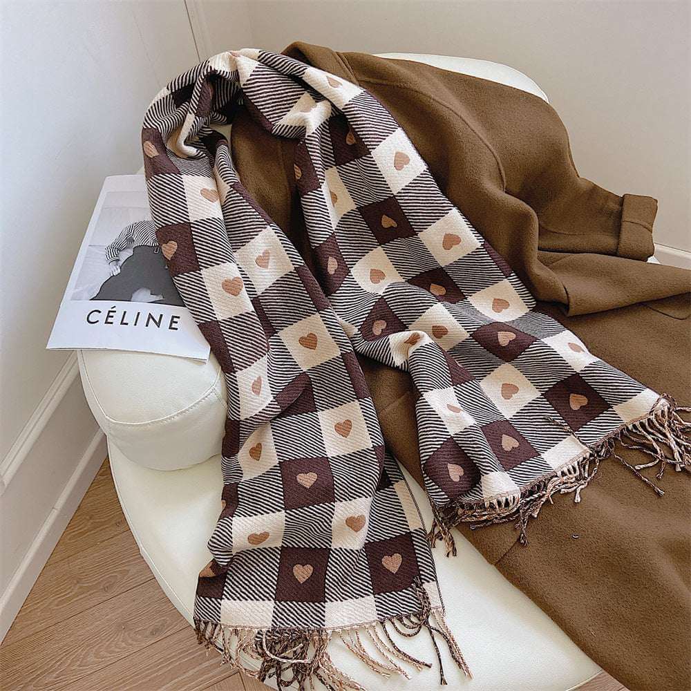 Women's Faux Cashmere Heart Check Scarf with Fringe