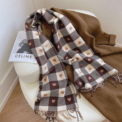 Women's Faux Cashmere Heart Check Scarf with Fringe