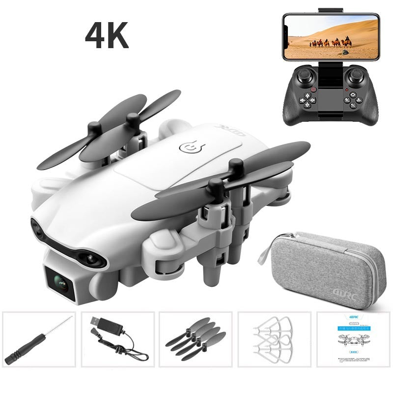 4K mini drone kit: white drone, remote controller, and gray protective case