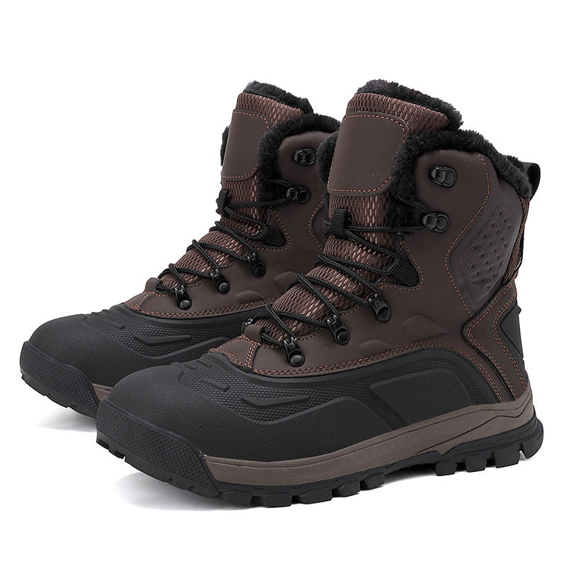Fleece-lined lace-up boots in brown with fur trim, lace-up front, and grippy sole