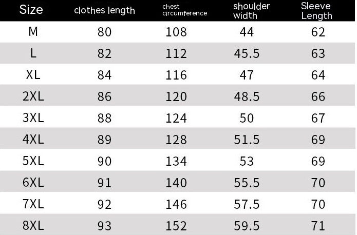 Size chart for clothes with measurements in centimeters
