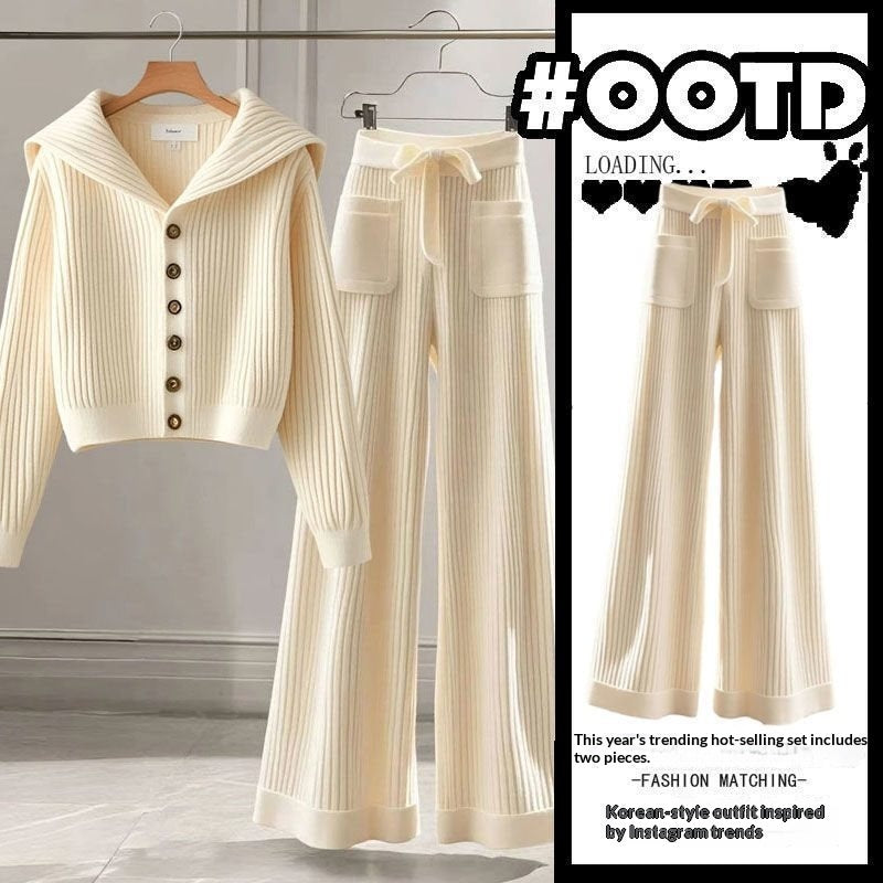 Cream ribbed knit hooded cardigan with patch pockets and matching straight-leg pants
