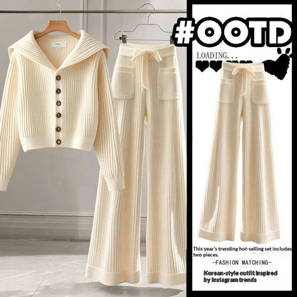 Cream ribbed knit hooded cardigan with patch pockets and matching straight-leg pants