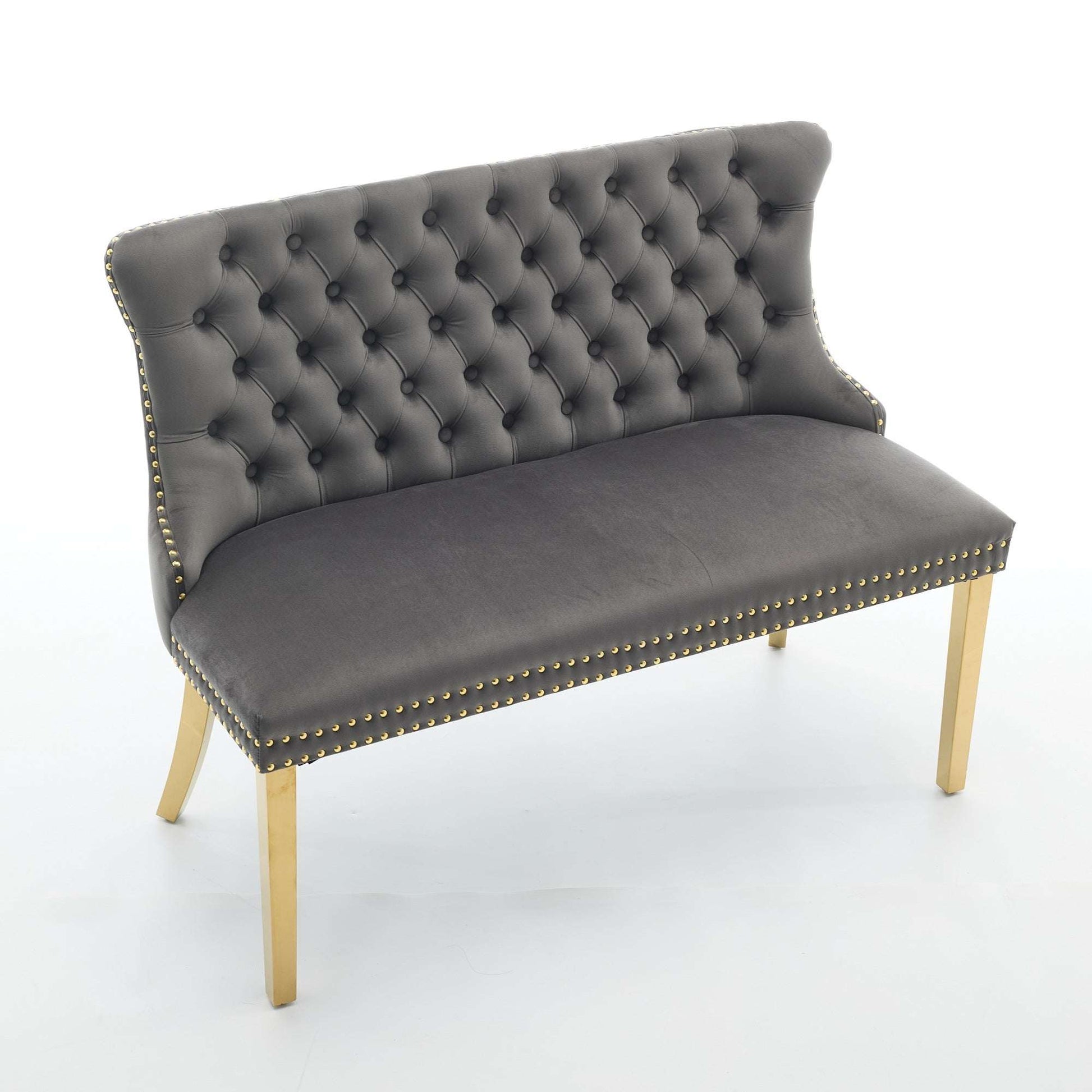 Gray velvet tufted loveseat bench with gold stud trim and tapered gold legs
