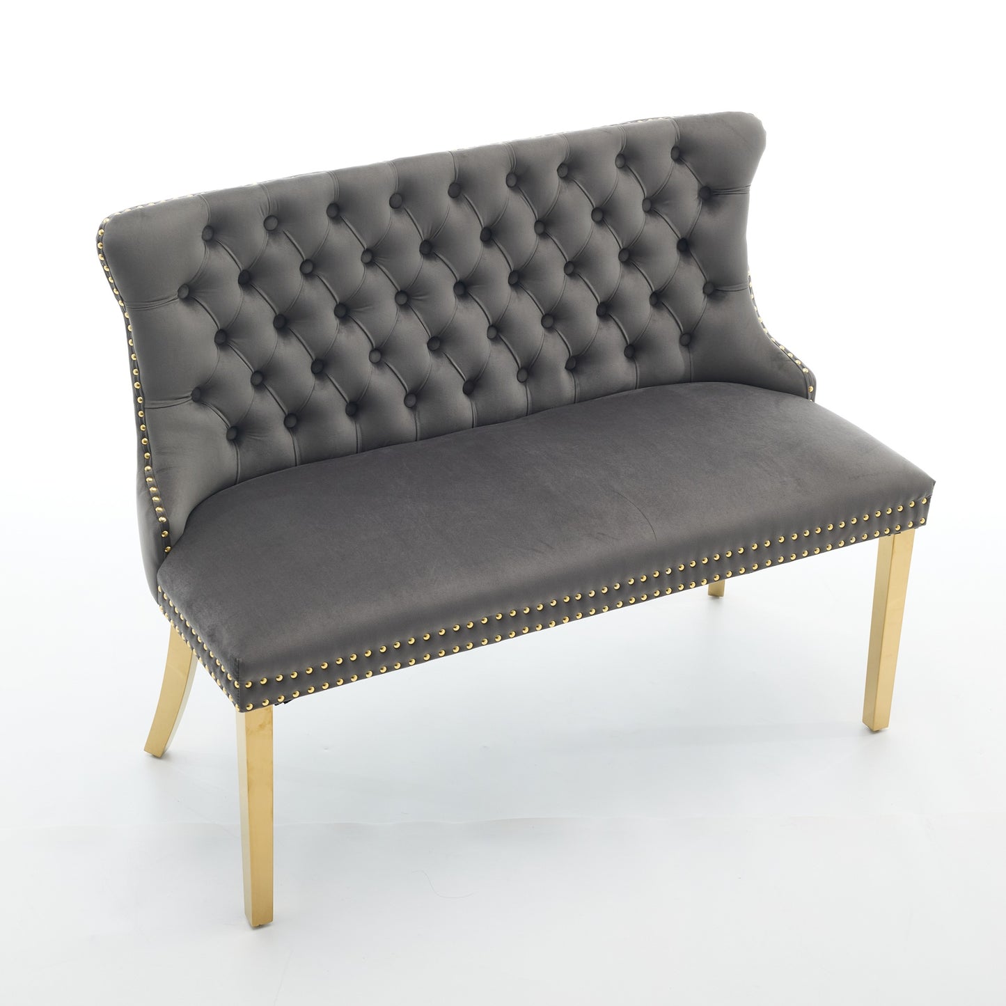 Gray Velvet Tufted Dining Loveseat Bench with Gold Legs - 2-Seater