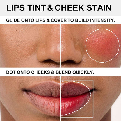 Lip tint application on skin, showing blended dot on cheeks and filled lip area.