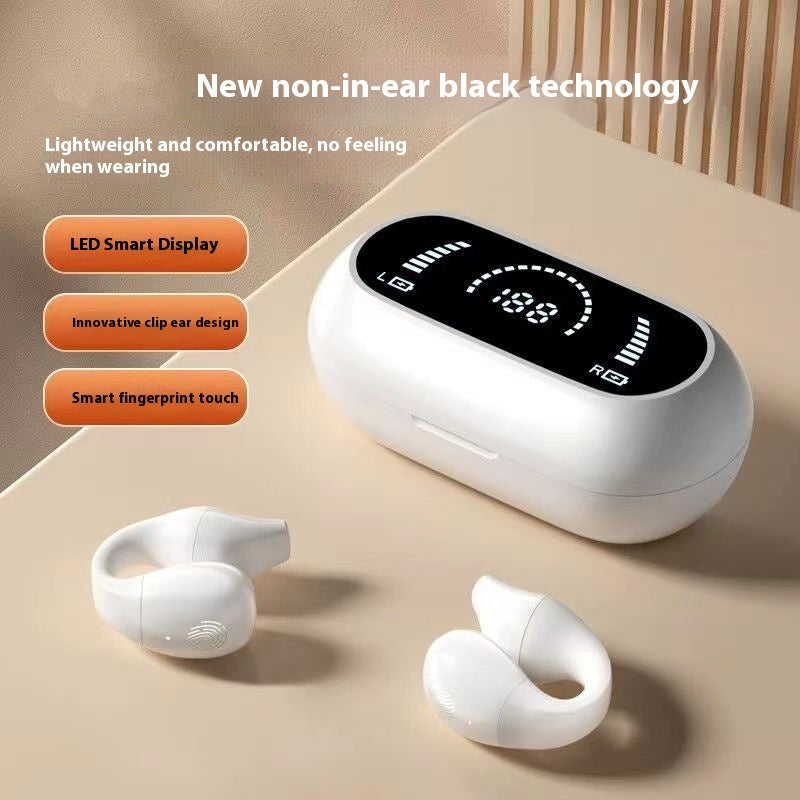 White bone conduction ear-clip headphones with LED display and charging case