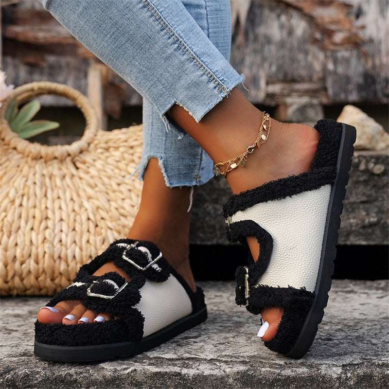 Autumn Winter Buckle Lamb Wool Slippers – Women’s Thick Sole Autumn Winter Slipper Thick Sole Buckle | Ectron Online