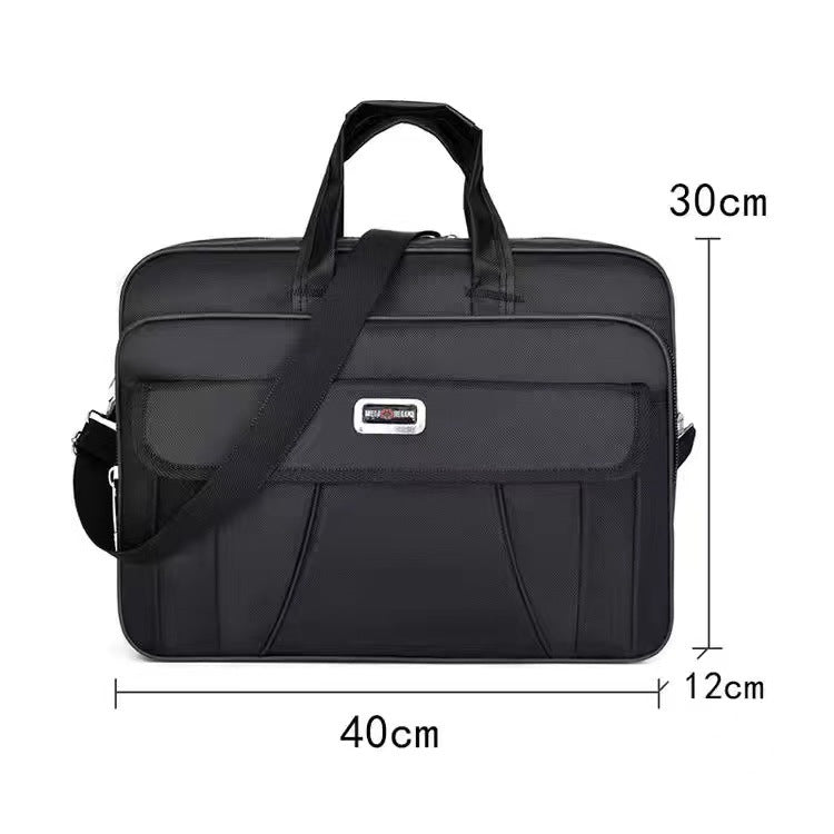 Black laptop bag with shoulder strap and side zip pocket detail on front
