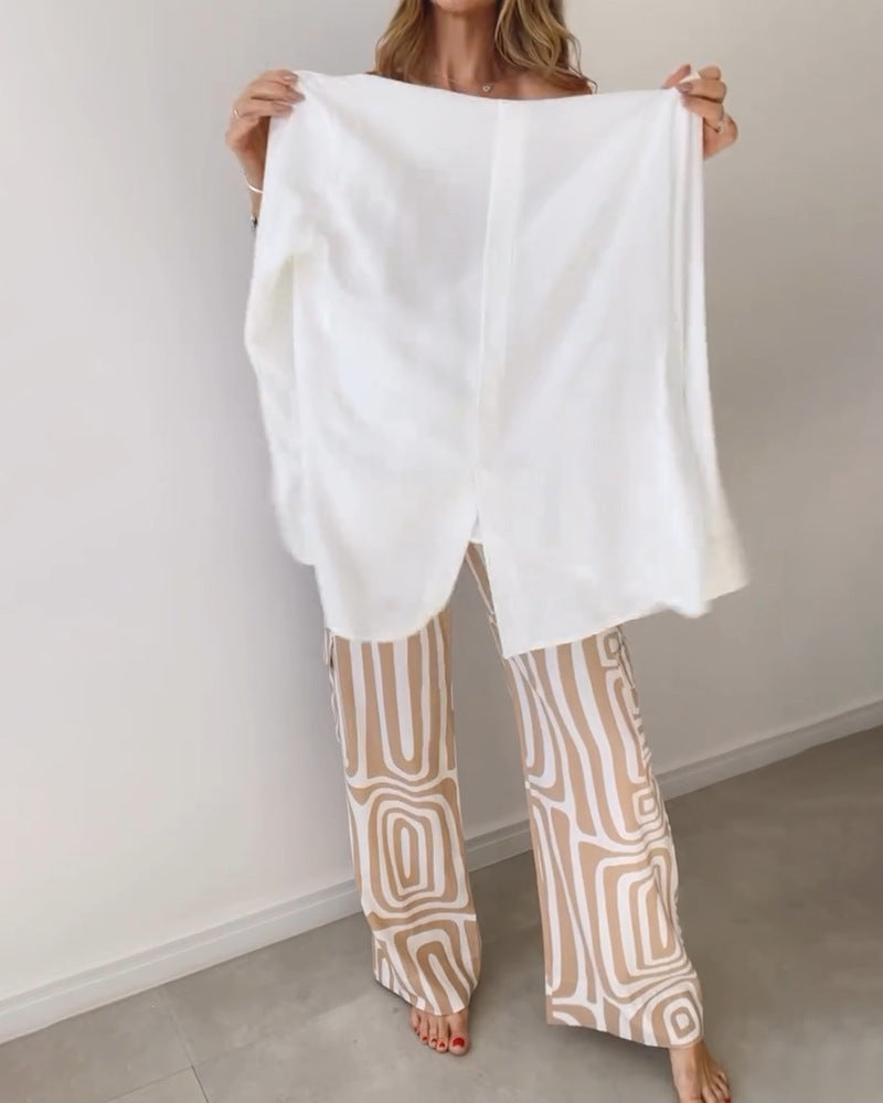 Women's Casual Long-sleeved Lapel Shirt Printed Wide-leg Pants Suit