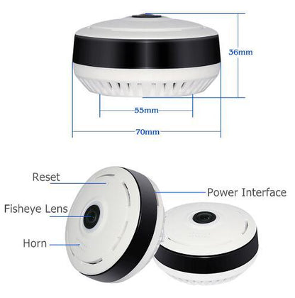 Technical diagram of a security camera with labeled parts and dimensions on a white background.