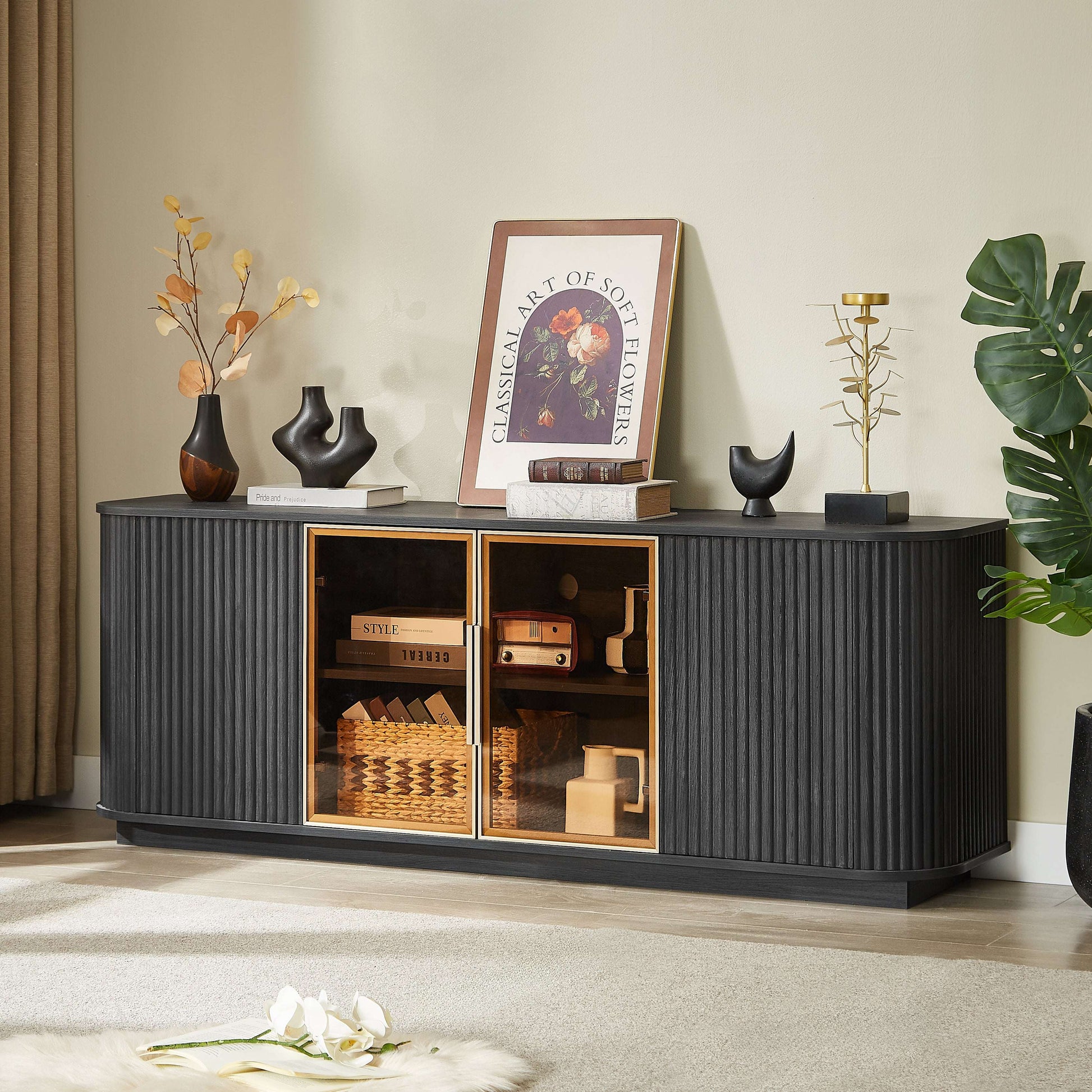 Black TV cabinet with wavy ribbed sides and two tempered-glass door panels