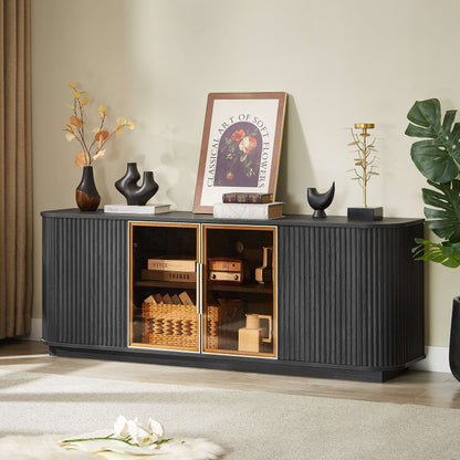 Black TV cabinet with wavy ribbed sides and two tempered-glass door panels