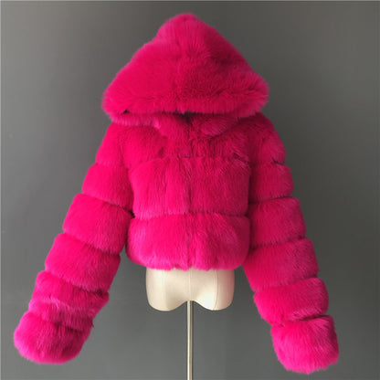 Women's Short Hooded Faux Fur Coat | Trendy Long Sleeve Plush Jacket Short hooded faux fur long sleeve coat | Ectron Online
