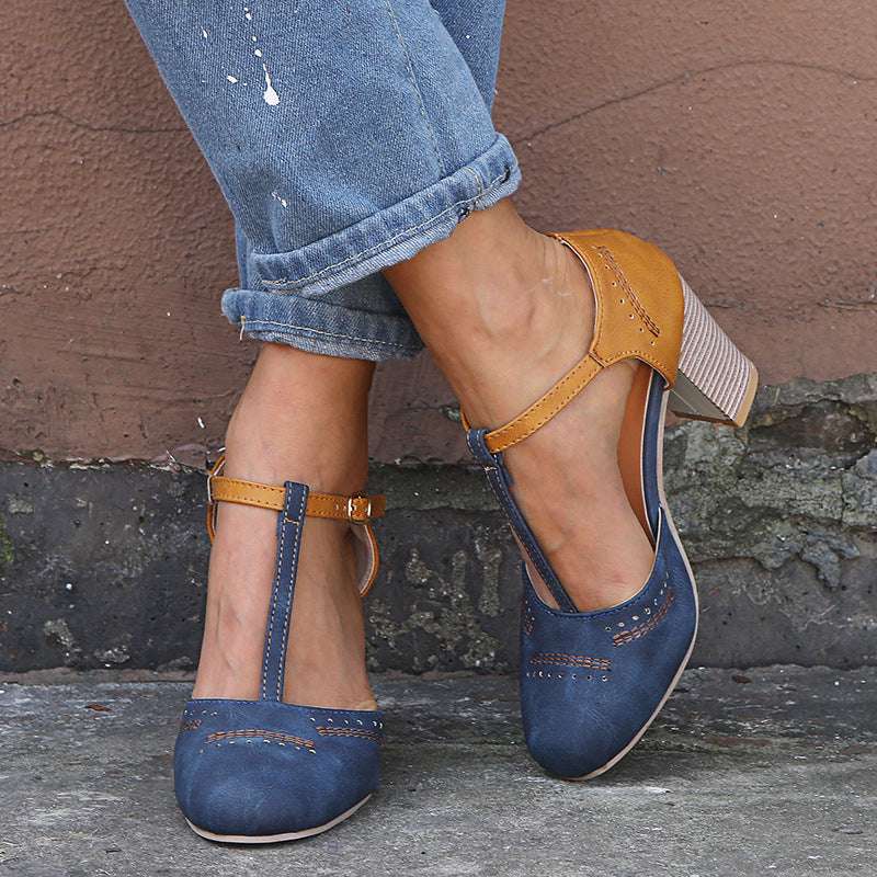 Vintage T-Strap Sandals – Round Head & Color Block Design Vintage round head color matching T-stra | Ectron Online