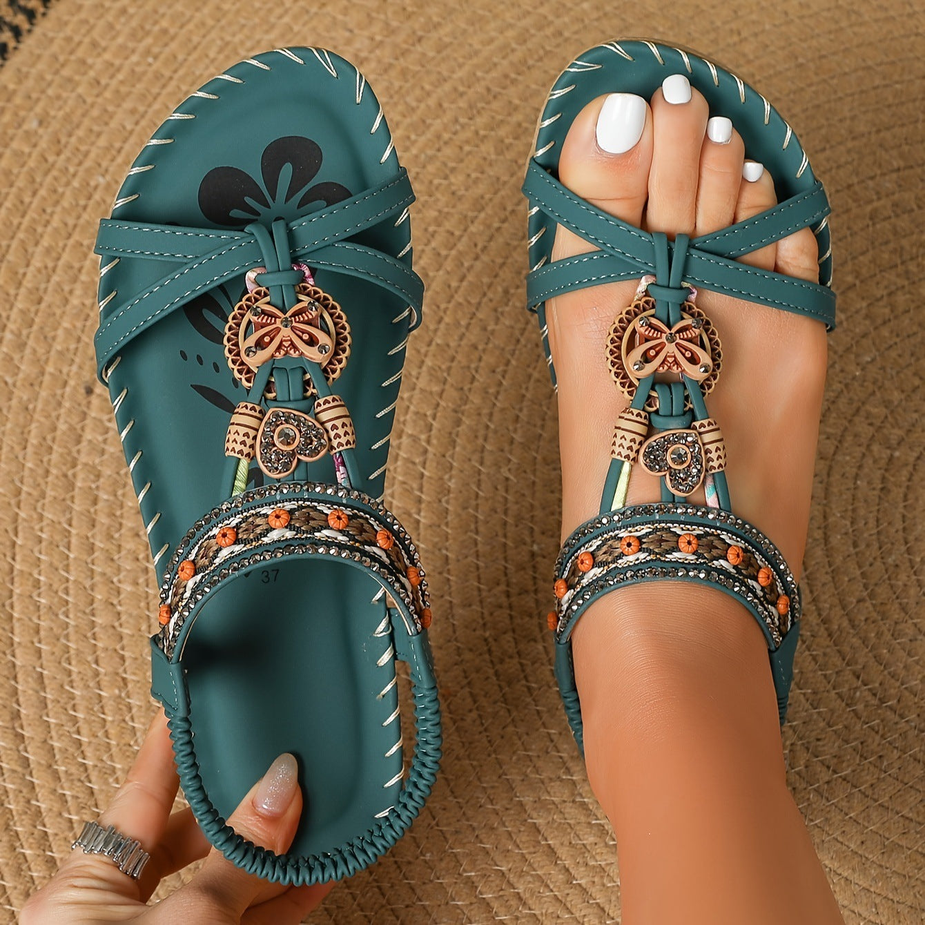 Women’s Large Size Flat Flower Rhinestone Sandals Women's Large Size Flat Bottom Flower Rh | Ectron Online