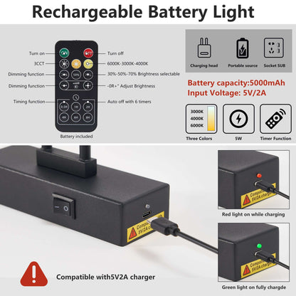 Black rechargeable battery picture light base with on/off switch and charging info