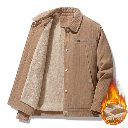 Tan corduroy winter jacket with sherpa lining, wide collar, button front, chest zipper pocket
