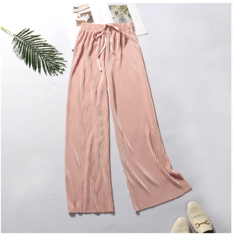 Pleated wide-leg pants trousers high waist vertical spring and summer new loose casual pants chiffon trousers ice silk nine points pants