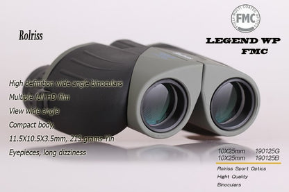 Binoculars with specifications on a white background