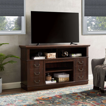 Espresso TV stand with two side drawers and open center shelves for media storage