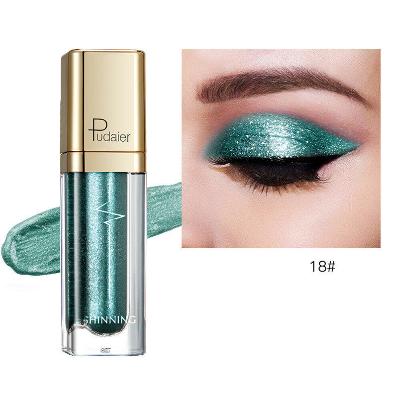 Glitter eyeshadow tube with teal shimmer; swatch on eyelid, shade 18#