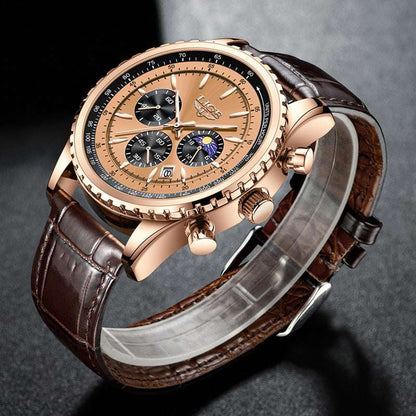 Rose-gold multifunction waterproof watch with tan dial and brown leather strap