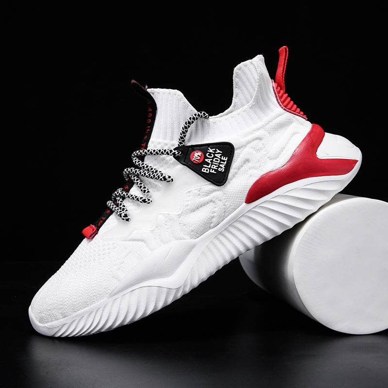 White knit sneakers with red heel panel and colorful side label patch