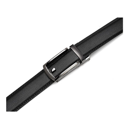Black leather boys belt with silver buckle and snap closure, close-up.