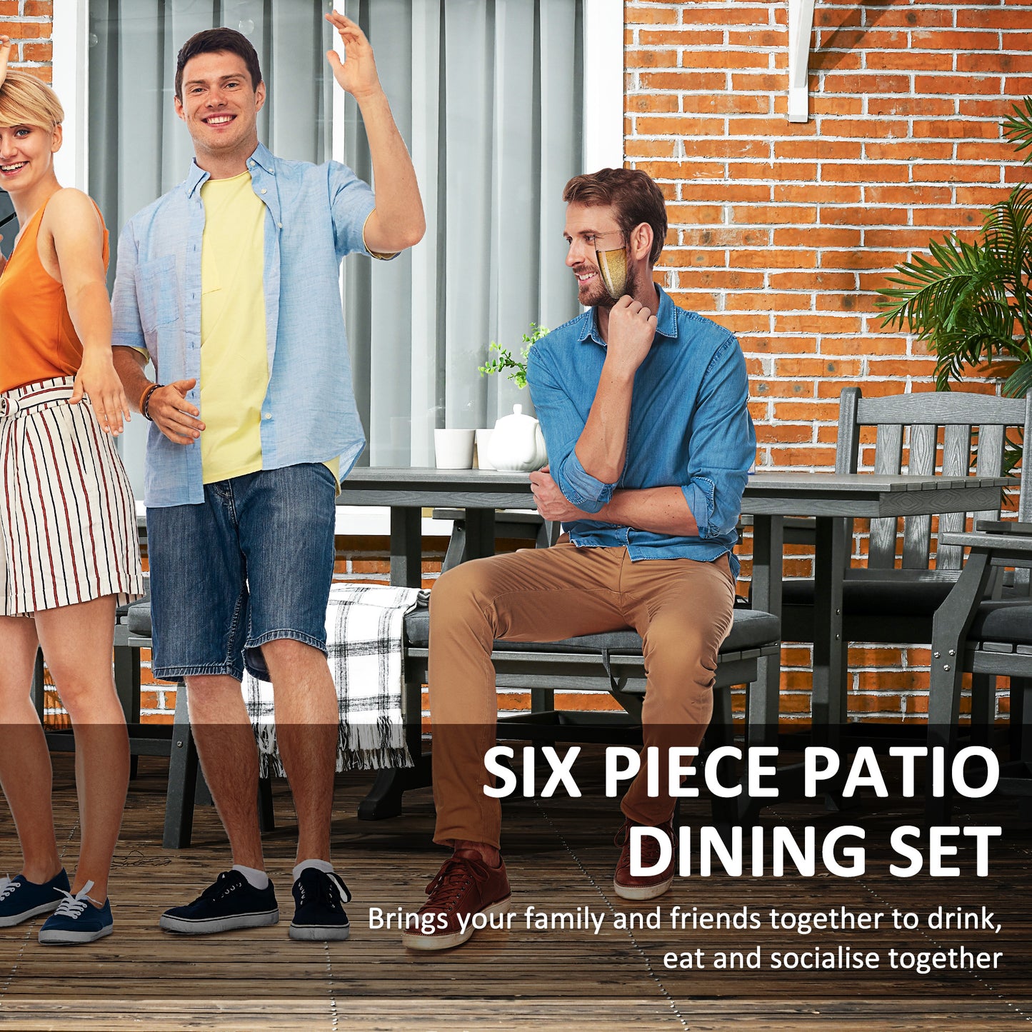 6-Piece Patio Dining Set with Umbrella Hole | 6-Seater Dark Gray