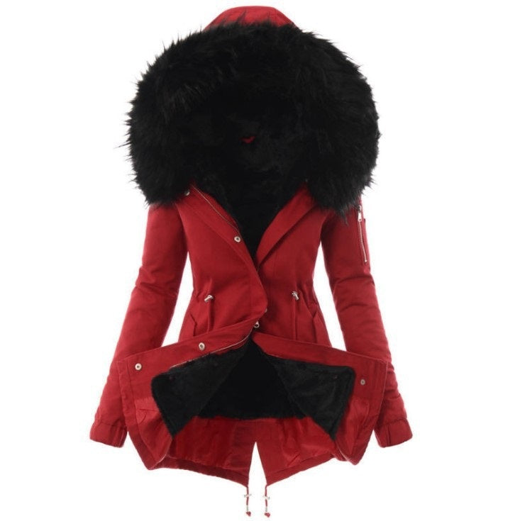 Fur collar drawstring solid color warm cotton coat