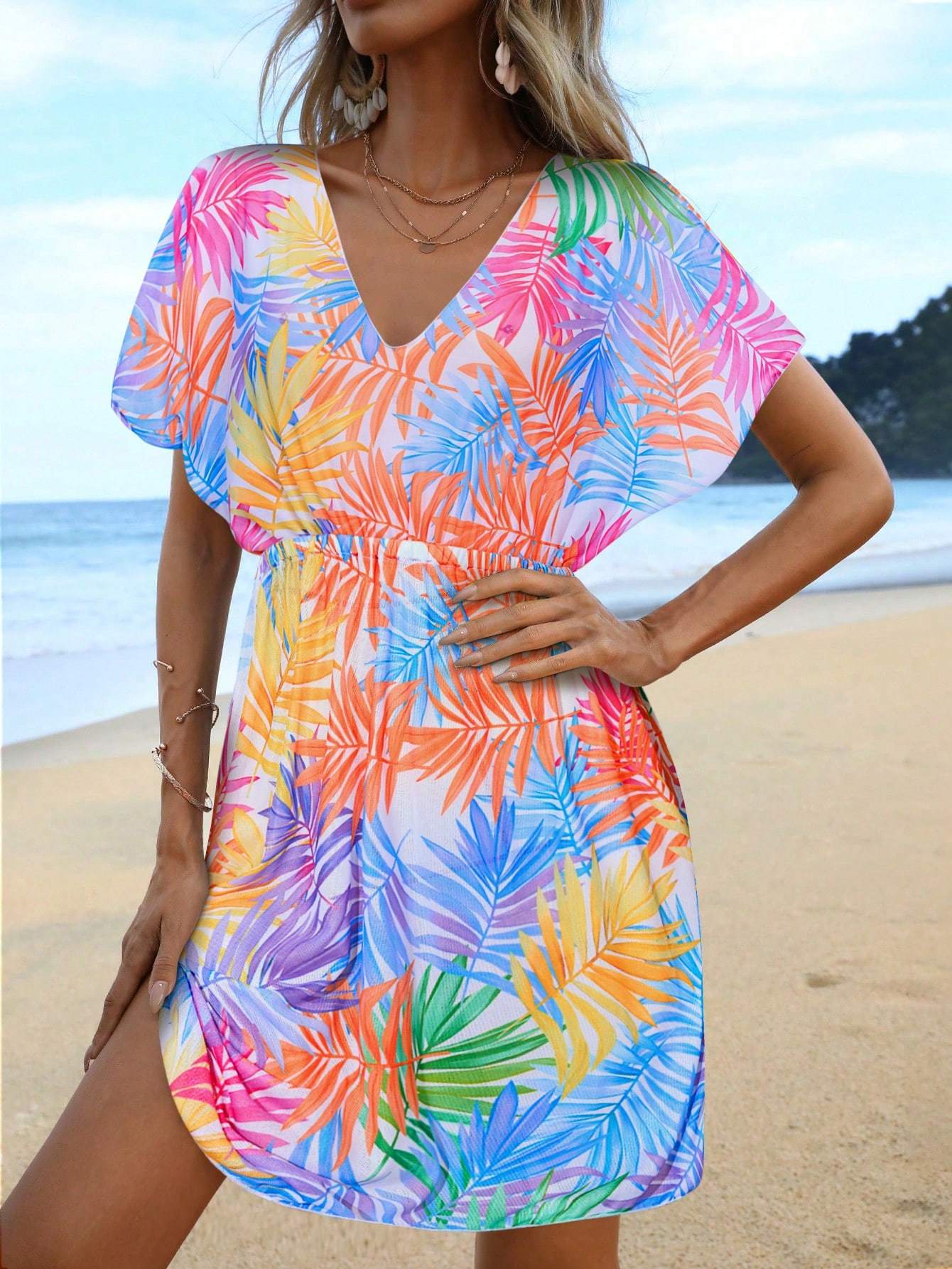Swim Lushoire Tropical Print Batwing Sleeve Summer Beach Dress Swim Lushoire Summer Beach Tropical Prin | Ectron Online