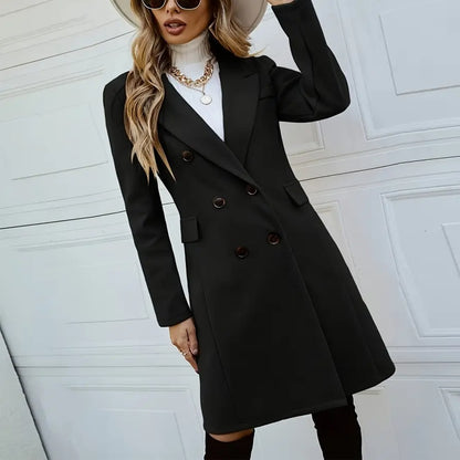 Women's Wool-Like Double-Breasted Coat | Mid-Length Notch Lapel Jacket Women's Solid Color Double-Breasted Wool | Ectron Online