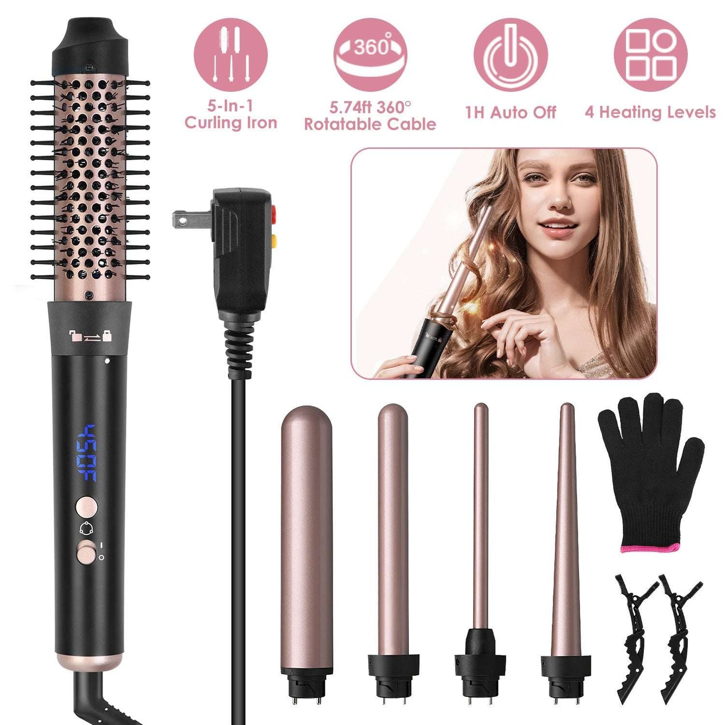 5-in-1 Curling Wand & Thermal Brush Set - Anti-Tangle Hair Curler 2 Type Options--1Pc 5 In 1 Curling Wand | Ectron Online