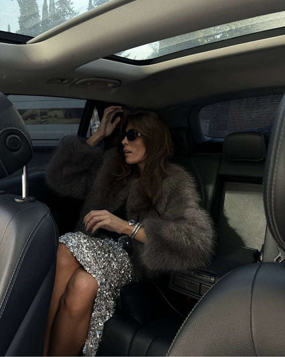 Women's Round Neck Long Sleeve Faux Fur Coat