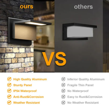 Black modern outdoor wall sconce shown in side-by-side comparison graphic